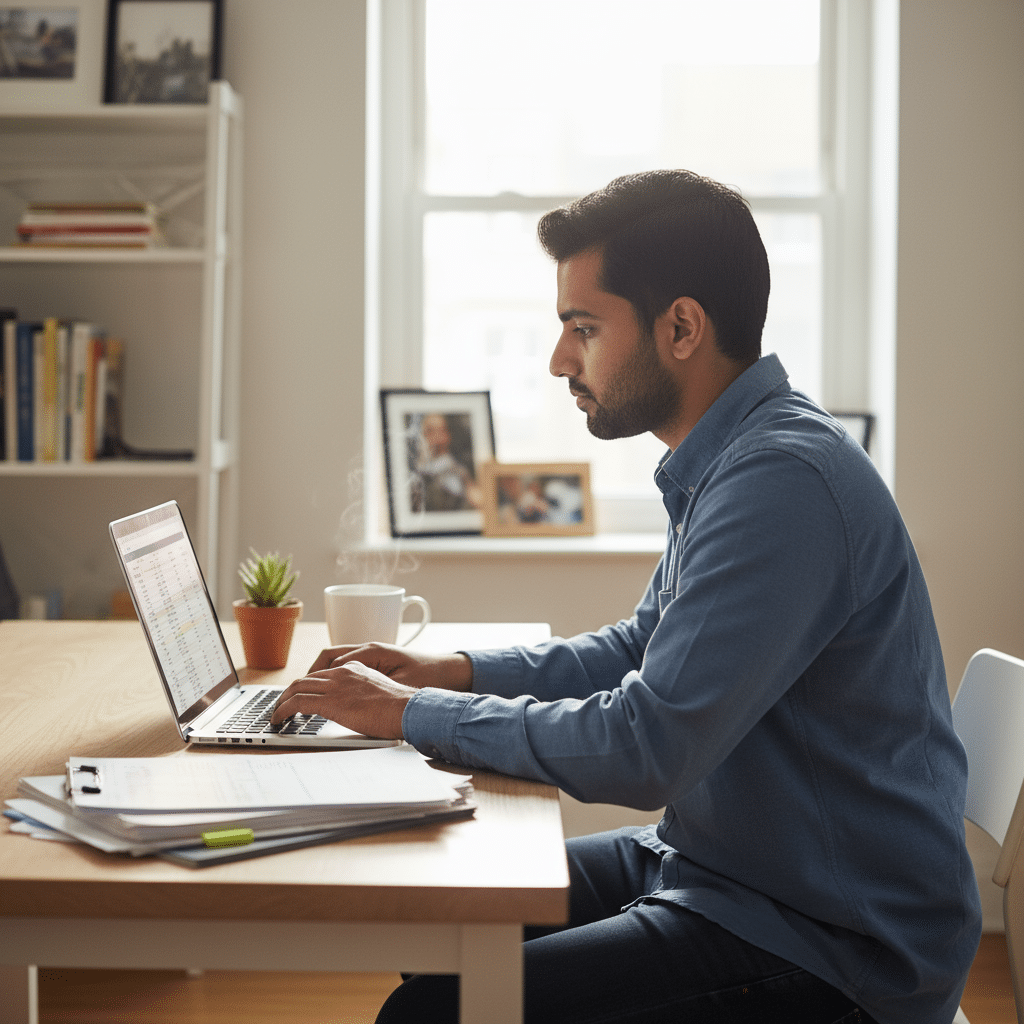 डेटा एंट्री काम करते हुए कंप्यूटर स्क्रीन पर टाइपिंग करता व्यक्ति