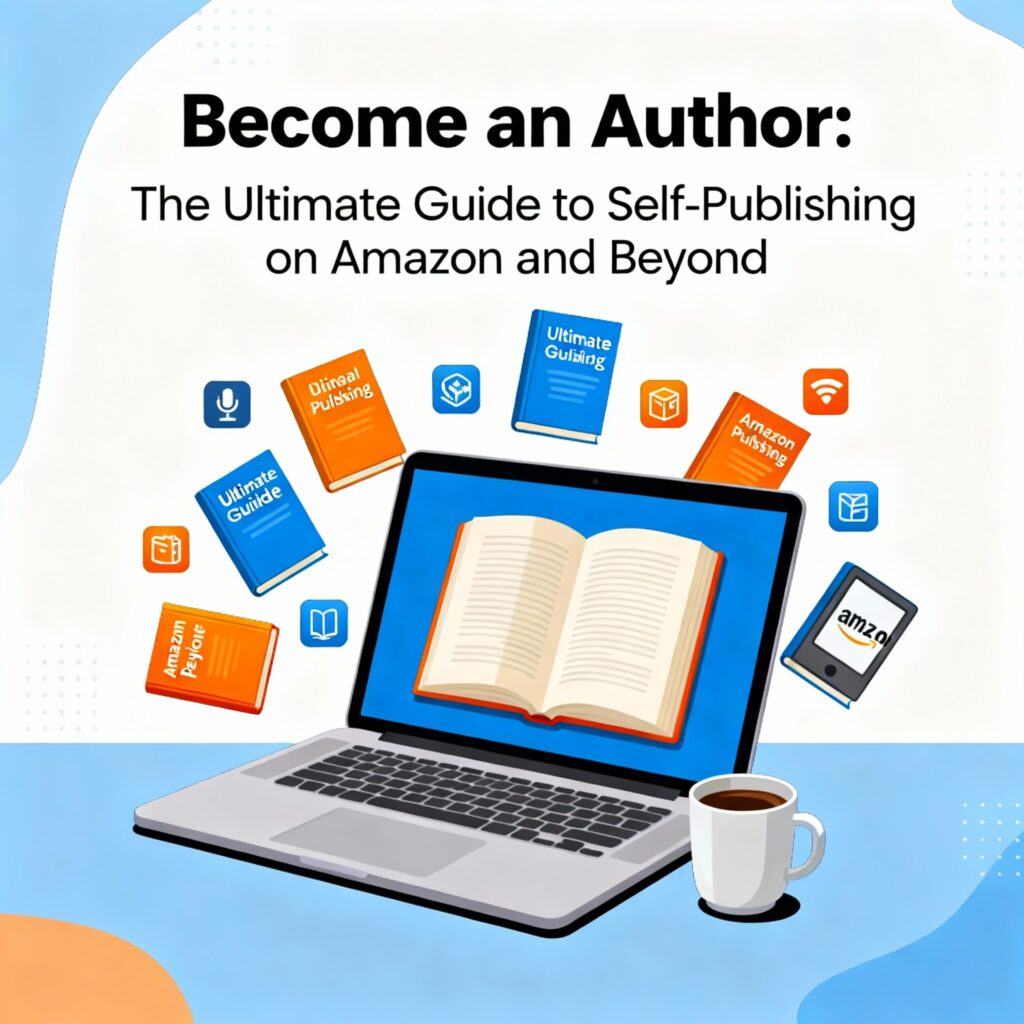 A colorful illustration featuring a laptop with an open book on the screen, surrounded by floating book covers and icons for Amazon Kindle, set against a blue and white background with a coffee cup.