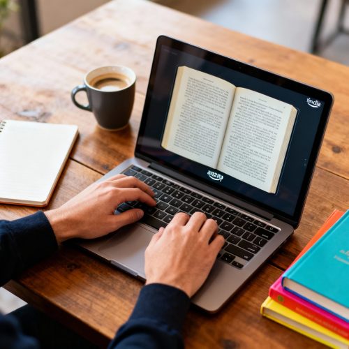 A person typing on a laptop at a wooden desk, with an open book displayed on the laptop screen, a cup of coffee, a notebook, and colorful books stacked nearby.