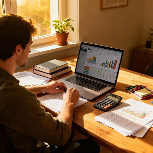 Person working on a laptop with accounting books and calculator nearby, financial charts displayed on the laptop screen, in a bright home office setting.