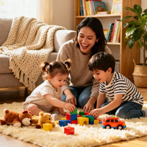 Happy babysitter playing with two children in a cozy home setting, colorful toys scattered on the floor, warm lighting illuminating the scene.